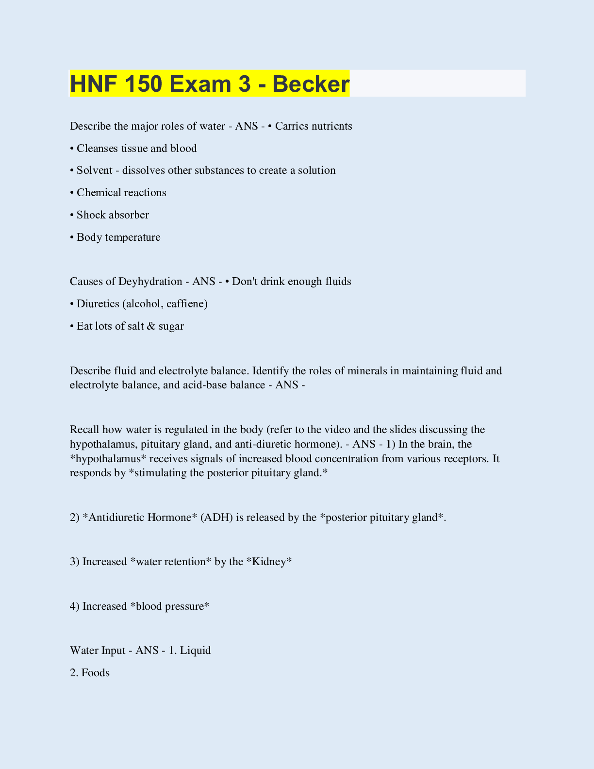 Preview image for HNF 150 Exam 3 - Becker | 80 Questions with 100% Correct Answers | Updated & Verified